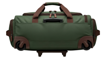 Isolated olive green duffel bag with wheels and brown accents, sturdy carry-on for travel