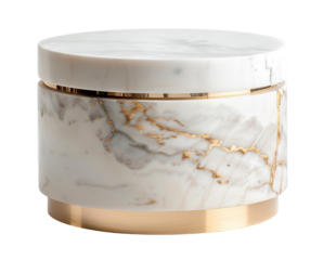 A side table features a round top with a smooth surface and a base wrapped in marble and gold. This stylish piece is ideal for modern living spaces and adds a touch of luxury