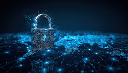 Digital padlock with glowing circuitry guarding global network, secure data protection