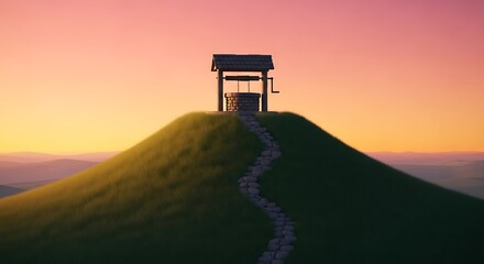 Wishing Well on a Grassy Hilltop at Sunset with a Path Leading Up.