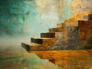 Ancient stone stairs partially submerged in shallow reflective water with textured wall backdrop creating mystical atmosphere