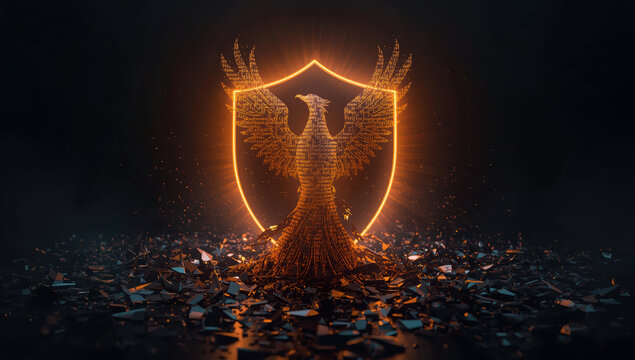 Glowing phoenix made of digital code rising before lit shield, dramatic dark atmosphere