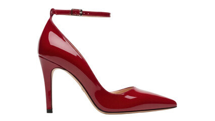 Isolated high-heeled stiletto pump shoe in shiny patent leather, ankle strap fastener