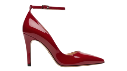 Isolated high-heeled stiletto pump shoe in shiny patent leather, ankle strap fastener