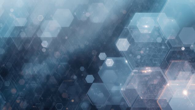 Abstract technology background with glowing hexagon shapes and soft blue bokeh lights