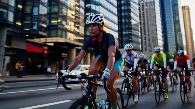 White cyclists sprint through downtown streets, peloton cruises sunlit avenue between glass skyscrapers, helmets and colorful kits, road bikes in motion, motion blur, focused expressions, competitive