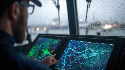 Focused view of a navigator analyzing weather radar data on a screen highlighting storm patterns while the background deck is out of focus.