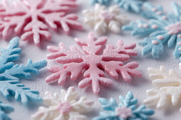 Colorful sugar-coated snowflake-shaped decorations in pastel pink, blue, and white hues arranged on a textured surface for festive celebration designs