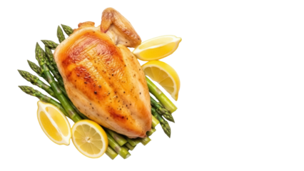 Isolated whole roasted chicken with asparagus and lemon ready to eat for dinner meal