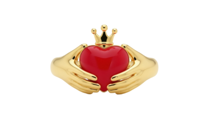 Isolated Claddagh ring featuring two hands clasping a crowned heart, symbol of love