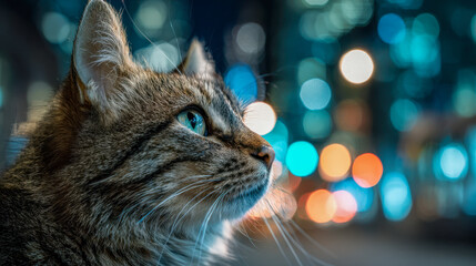 A tabby cat with striking green eyes gazes intently towards city lights glowing as colorful bokeh adorns the nighttime urban background in a serene portrait