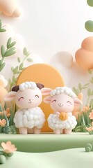 Eid Al Adha Background Featuring Two Adorable Lambs Colorful Meadow, Suitable for Greeting Card, or Social Media Poster
