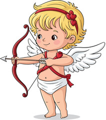 Obraz premium Cute cartoon cupid with bow and arrow Valentine's Day angel illustration