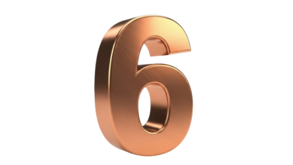 Isolated 3D rendering of number six in bronze finish with soft shadows for compositing use