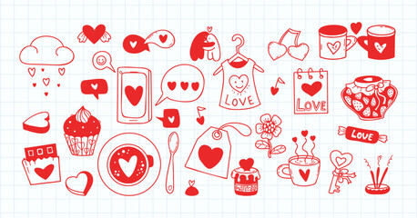 Love Valentines Day Doodle. Hand Drawn Set. Isolated Coffee, Sweet, Strawberry Jam, Cupcake And Romantic Symbols on checkered notebook background. Vector Illustration. Not AI