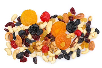 Mix of various nuts and dried fruits isolated on white background.