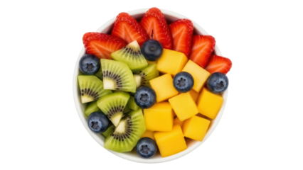 Isolated bowl of fresh fruit salad containing strawberries, kiwi, blueberries, and mango pieces