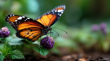 Fototapeta premium A stunning butterfly, with vibrant orange and black wings, delicately lands on a purple flower, symbolizing the beauty and fragility of nature's ecosystems.