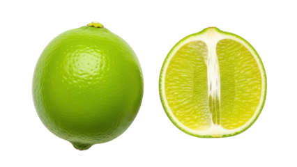Isolated Whole Green Lime and Half Slice Citrus Fruit for Cocktails or Tropical Juice