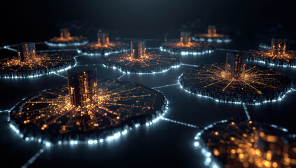 Glowing network islands with vertical hubs and illuminated circuits, futuristic mood