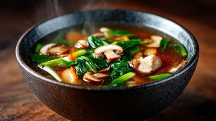 A warm and inviting bowl of vegetable soup, brimming with fresh ingredients and steam, epitomizing comfort food and wholesome nourishment on a chilly day.