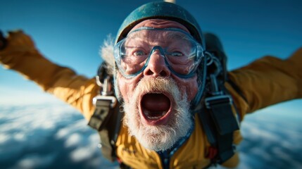 Obraz premium An elderly man with glasses and a big smile is free-falling while skydiving, vividly showcasing excitement and thrill against the backdrop of a bright blue sky.