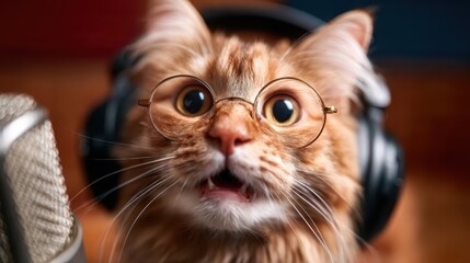 A fluffy ginger cat dons glasses, creating a whimsical character while sitting in a studio environment, warmly engaging viewers with its playful expression and curious demeanor.