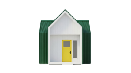Isolated prefab house model with yellow door against neutral backdrop for concept design