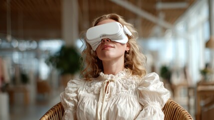 A stylish woman immersed in a virtual reality experience, showcasing modern technology's ability to transport users to new worlds, filled with joy and engagement.
