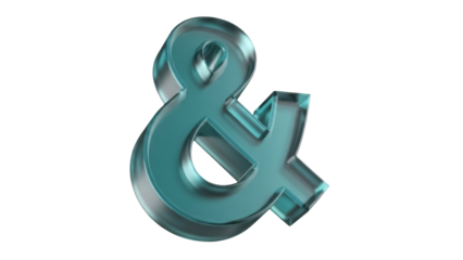 Isolated Teal Ampersand Symbol, Transparent Crystal Glass Icon, Design Element or Shape
