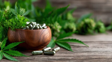 A wooden bowl filled with green capsules surrounded by fresh cannabis leaves captures the essence of a natural approach to health and wellness, emphasizing organic remedies.