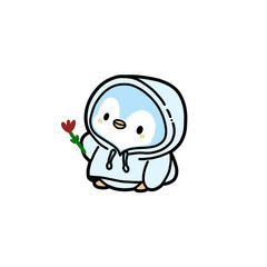 Obraz premium Cute Baby Penguin Wearing Holding a Flower, Kawaii Cartoon Illustration