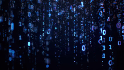 Binary code rain in blue digital matrix mood, futuristic data stream with glowing ones and zeros