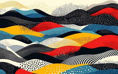 Abstract colorful landscape with textured hills and wavy lines