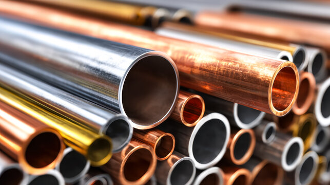 Close-up of assorted copper and steel pipes stacked together for plumbing or industrial use