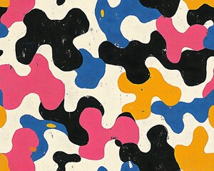 Abstract colorful camouflage pattern with irregular shapes and textured background