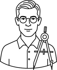 Obraz premium Man architect or engineer with glasses holding a compass. Line drawing style concept. Vector illustration for avatar, banner, diagram, icon