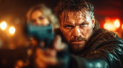 Experience the thrill of an intense action scene featuring a rugged man, gripping a gun with determination, capturing the essence of tension and excitement in a dramatic setting.