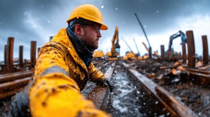 A determined worker dressed in bright rain gear surveys a busy construction site under turbulent skies, embodying dedication and resilience in challenging conditions.