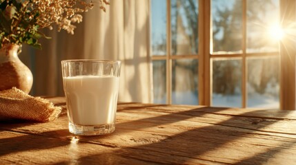 A glass of fresh milk sits on a rustic wooden table, illuminated by warm sunlight filtering through a window, evoking feelings of comfort and homeliness in a serene setting.