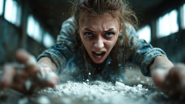 Witness the raw determination of a woman crawling on the ground through a gritty environment, showcasing her struggle and resilience against all odds in an intense and emotional moment.