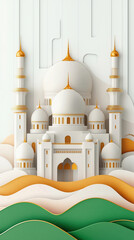 Vertical Islamic background featuring grand white mosque on colorful stylized landscape, paper cut style