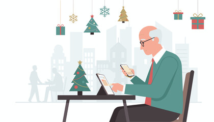 Focused senior businessman multitasking with tablet and phone during the busy Christmas season in a city office