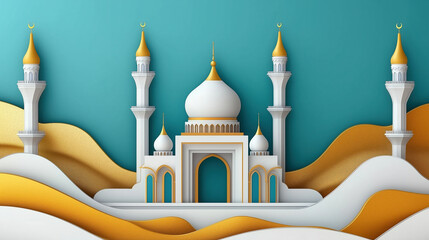 Majestic white mosque standing in stylized desert landscape, paper art style
