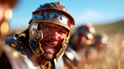 A battle-scarred Roman soldier, bloodied and determined, captures the intensity of war amidst an ancient backdrop, embodying courage and resilience through the chaos.