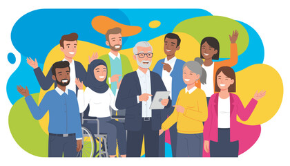 Diverse multigenerational business team smiling and waving Inclusion collaboration and community concept