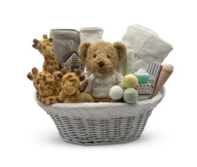 Charming Blue Baby Gift Basket with Koala Plush Toys , Little Koalas and Floral Accents Rose-Shaped Cloths  Cut-Out Clipping Path With Adobe Photoshop Pen Tool . PNG Transparent Gift Box Toy Hamper