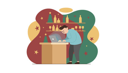 Obraz premium Sad man working on a laptop at a festive bar illustrating holiday work stress overload and burnout