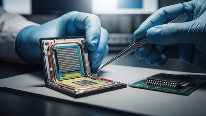 Gloved hands manipulate a CPU cooler with tweezers; another chip rests nearby