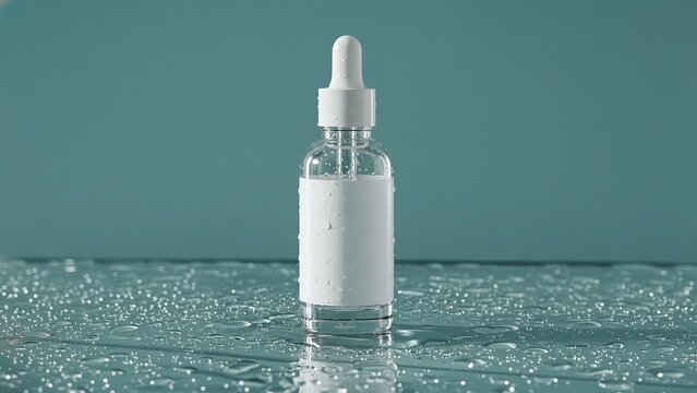 Cosmetic serum dropper bottle standing on a wet reflective surface with water droplets, symbolizing skincare science, hydration, dermatology treatments, and modern beauty branding.